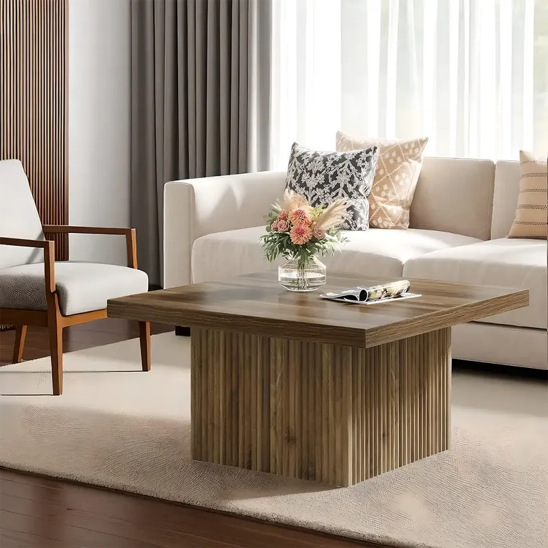 Square Grooved Wooden Tea Table – Nordic Rustic Style