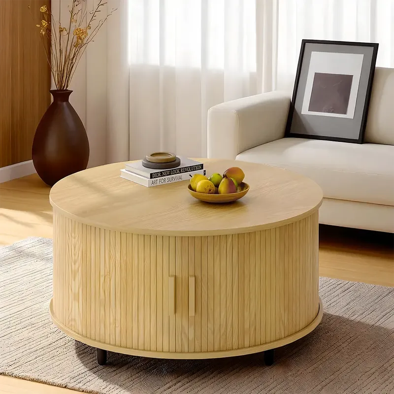 Round Wooden Coffee Table with Drawers – Scandi Minimalist