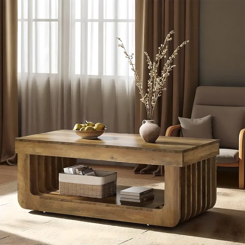 Modern Slatted Wood Coffee Table – Rustic Nordic